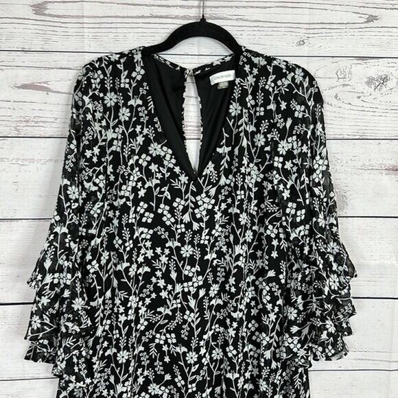 Calvin Klein Dress Womens 10 Black Floral Chiffon Ruffle Cottagecore Boho - Picture 2 of 12